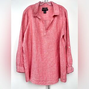 Tahari Linen V-neck Coral Pink Red Tunic Top Long Sleeve Roll Tab Plus Size 2X